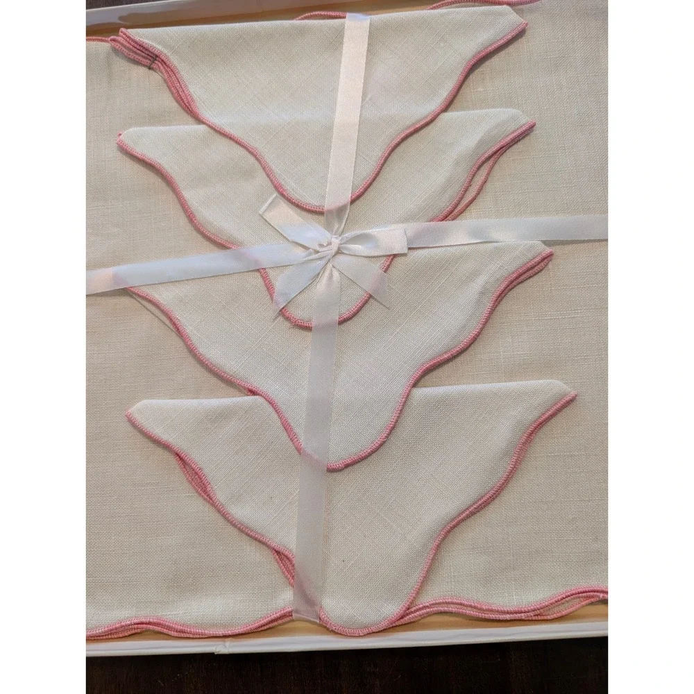 2 Vintage Linen Placemat Napkin Sets Cream Floral Scalloped MCM Unused